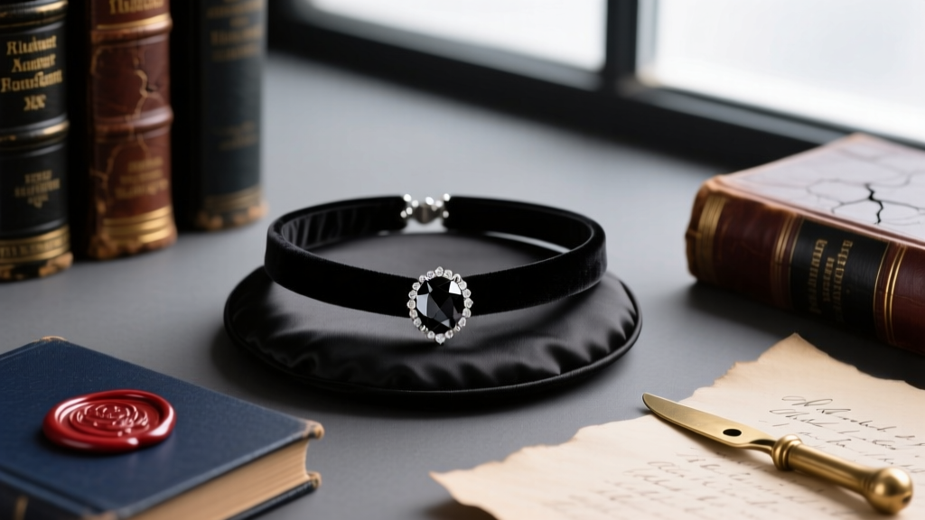 Flat lay of a black velvet choker with a rose-cut black diamond pendant, styled beside dark academic props like old books and sealing wax.