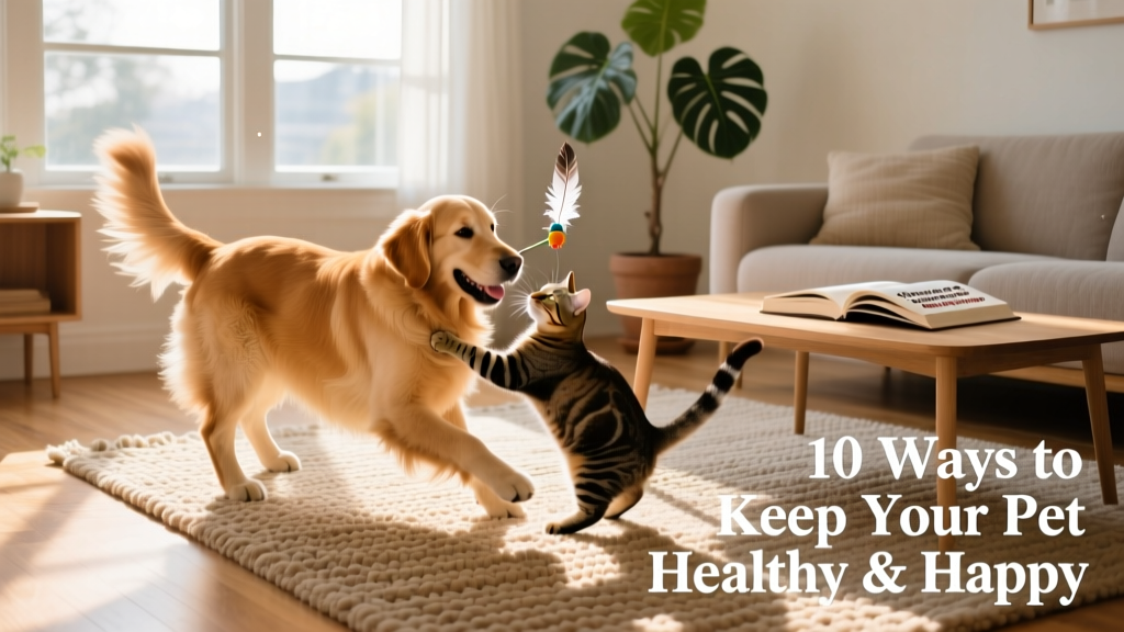 A golden retriever and tabby cat playing together on a sunlit living room rug, illustrating joyful interspecies companionship