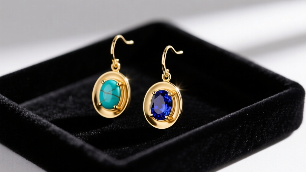 Close-up of 18k gold vermeil drop earrings with polished turquoise and lapis lazuli gems resting on a dark velvet display tray.