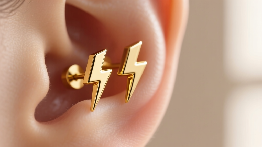 Macro shot of 14k yellow gold lightning bolt stud earrings on an earlobe, soft lighting highlighting the sharp metallic edges.