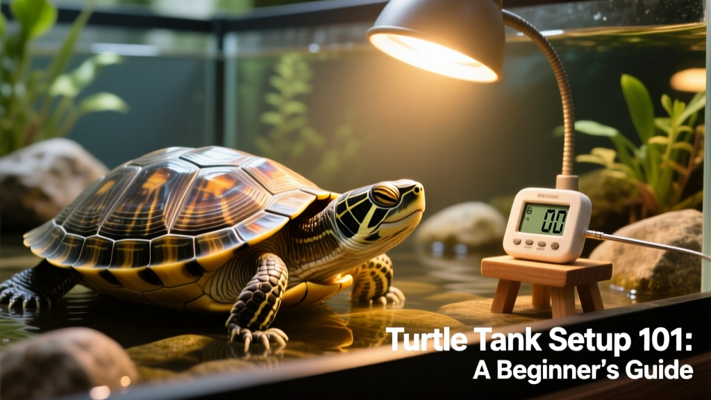 Close-up of turtle basking under UV and heat lamps, with thermometer visible nearby