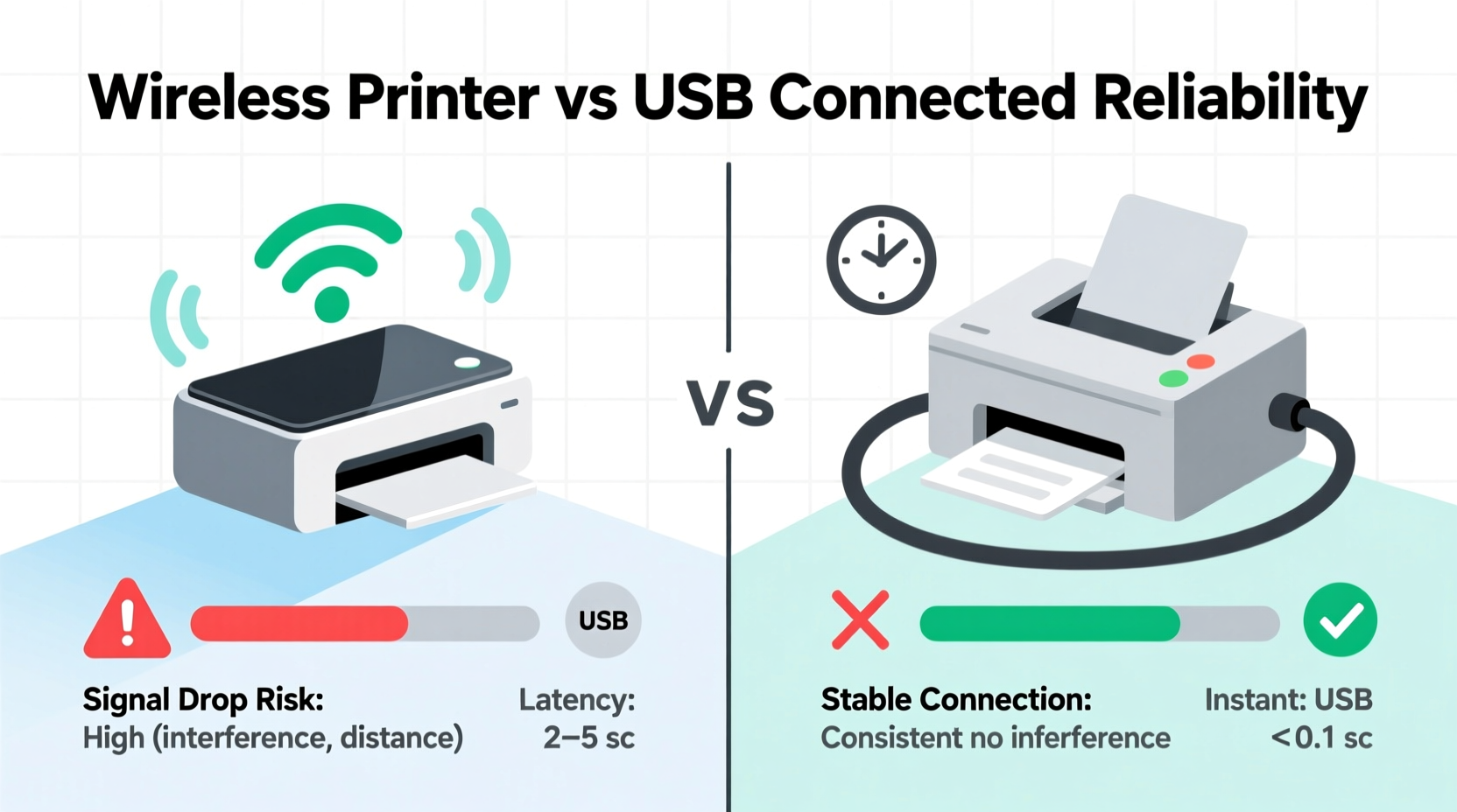 wireless printer vs usb connected reliability compared