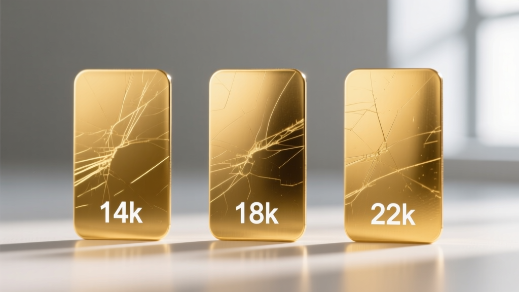 Close-up of three gold alloy test coupons showing scratch depths, comparing Vickers hardness of 14k, 18k, and 22k gold.