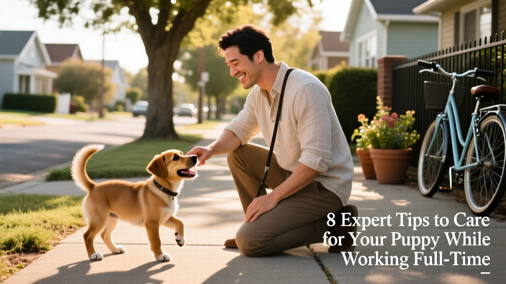 A friendly dog walker kneeling beside a playful puppy on a neighborhood sidewalk