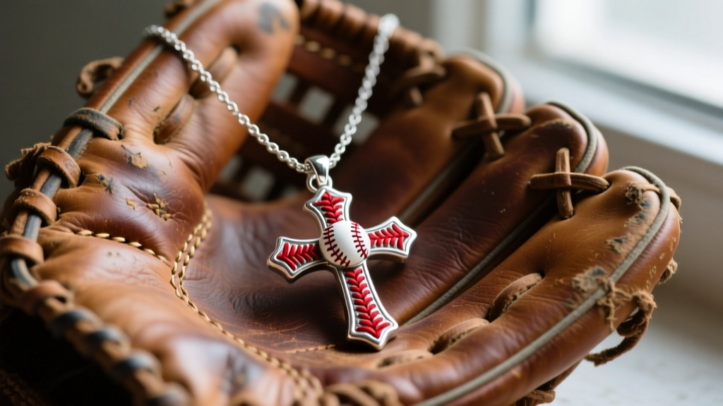 Close-up of a sterling silver baseball cross necklace with red enamel stitching, resting on a worn leather baseball glove.