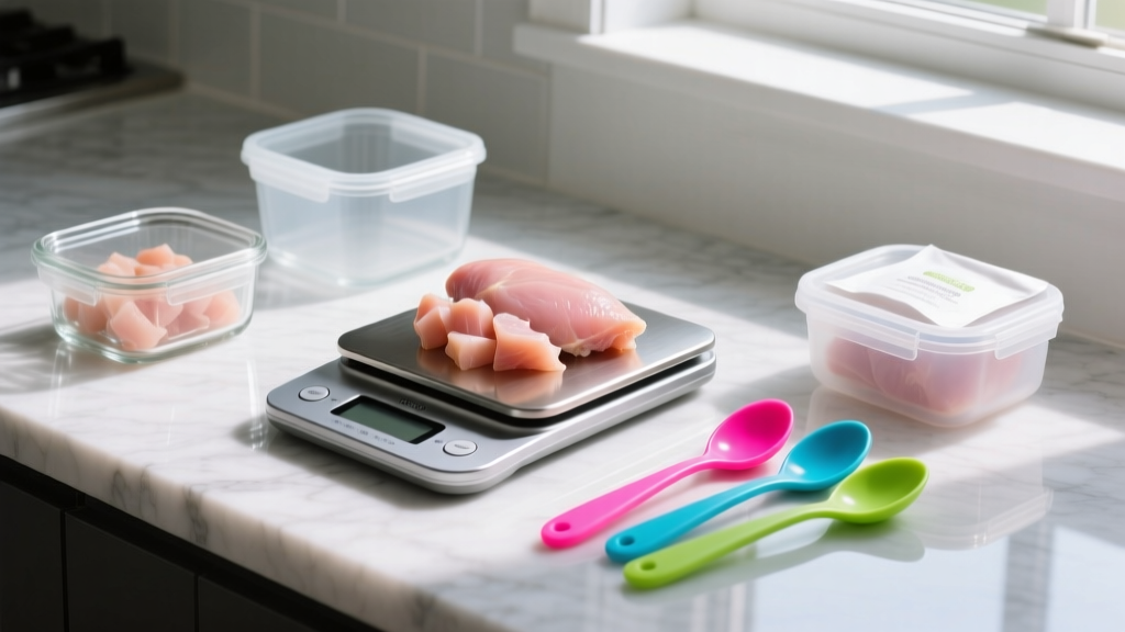 Digital food scale weighing diced chicken breast next to glass meal prep containers and colorful portion spoodles on a quartz countertop