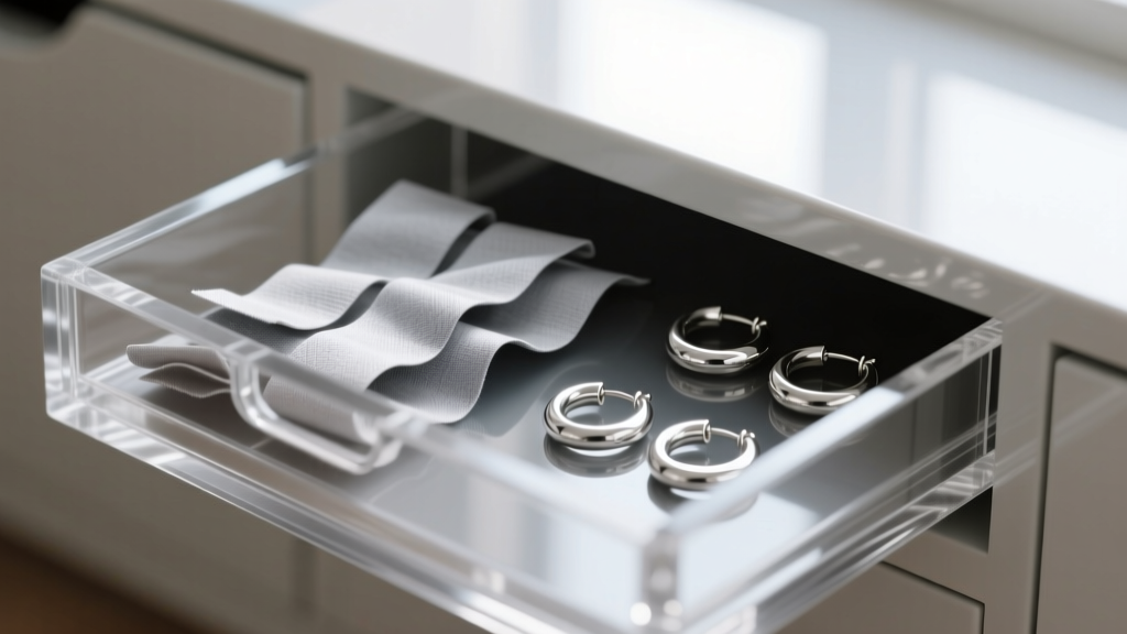 Close-up of anti-tarnish strips inside an acrylic earring organizer drawer next to delicate sterling silver huggie hoop earrings.