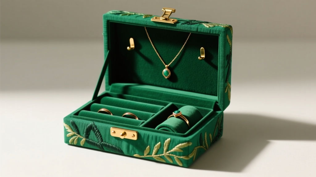 Open emerald linen embroidered jewelry box revealing anti-tarnish suede ring rolls, necklace hooks, and polished brass hardware.