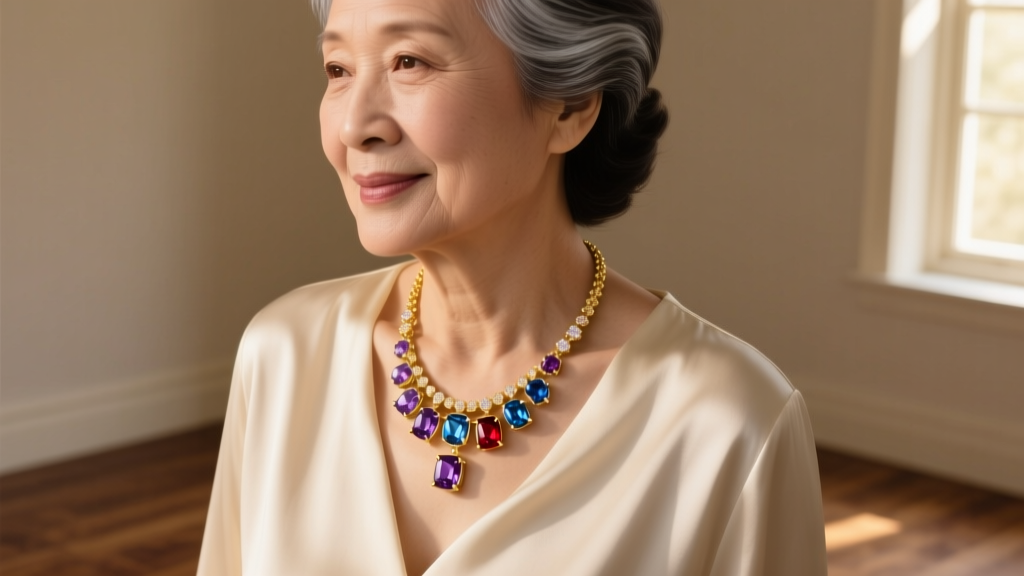 Older woman wearing an 18k gold multi-stone birthstone pendant necklace over a cream silk blouse in warm natural lighting