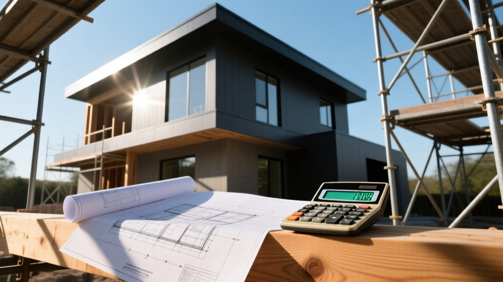 Scaffolding around a two-story house under construction, blueprints and a financial calculator resting on a wooden beam.