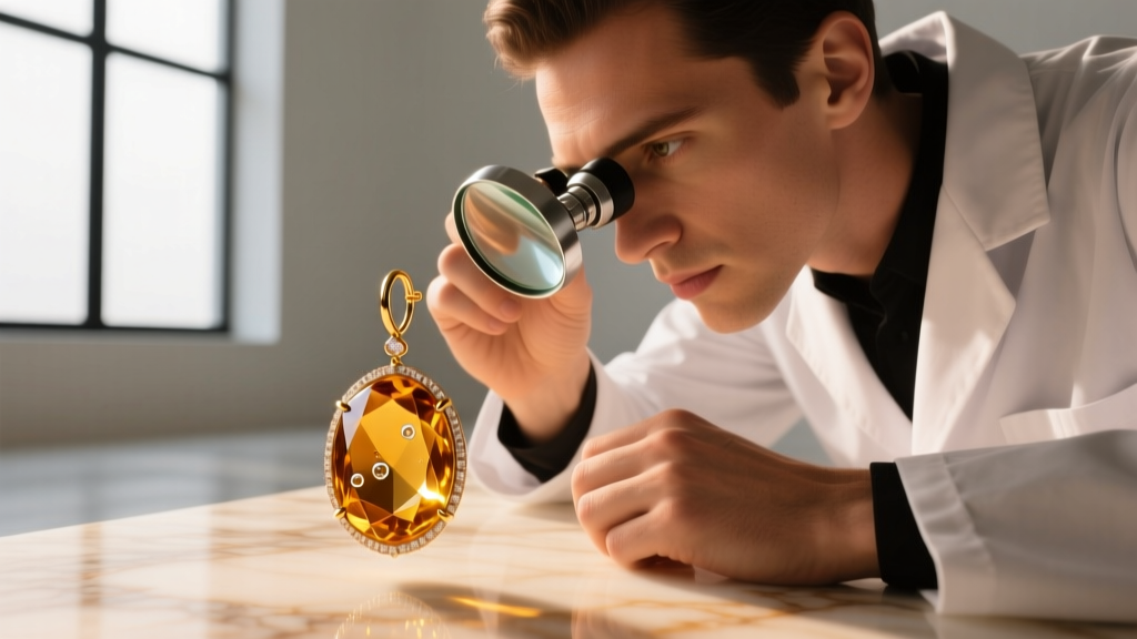 Jeweler using a 10x loupe to inspect the girdle of a citrine dangle earring for dye concentrations and glass bubble inclusions