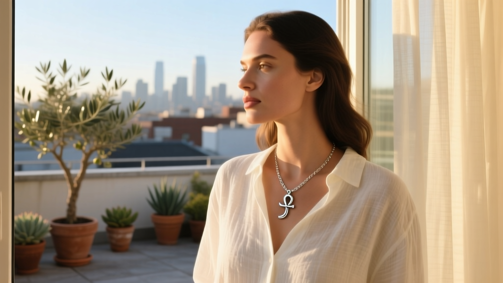 Woman wearing a minimalist sterling silver ankh necklace over a linen shirt, looking out a sunlit window in soft focus.