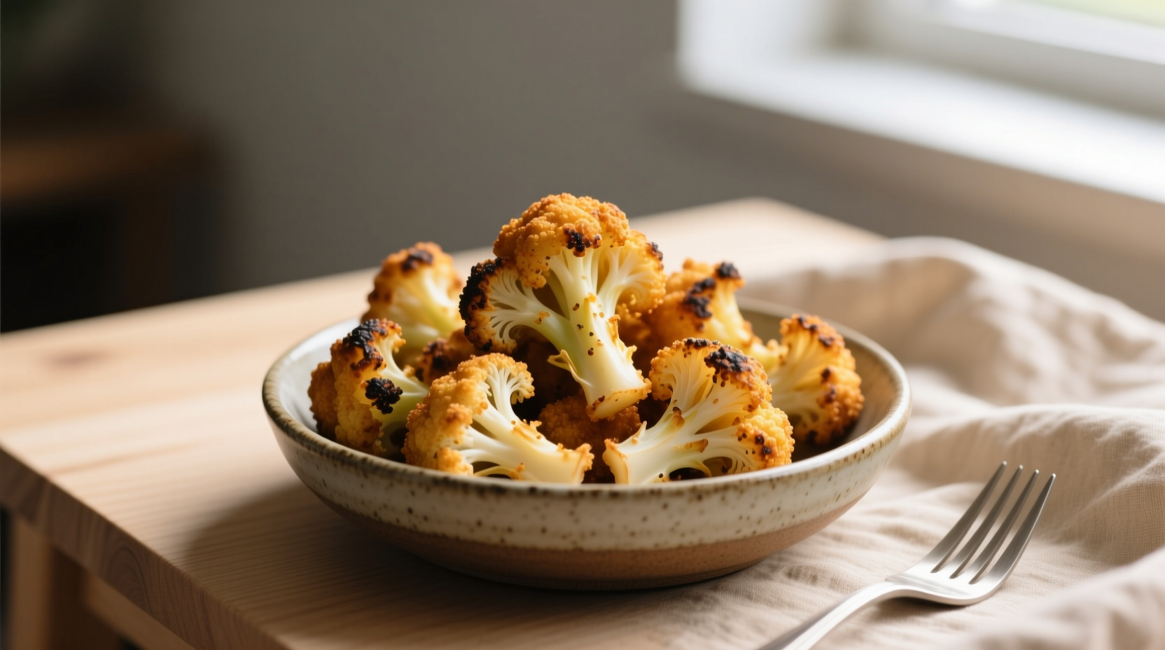 Seasonal summer context: air-fried cauliflower as meatless Monday alternative versus fried chicken, showing protein parity for vegetarians