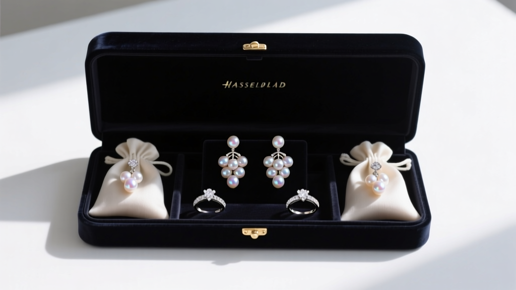 Open velvet box showing grape cluster pearl earrings stored separately in soft anti-tarnish pouches away from diamond rings.