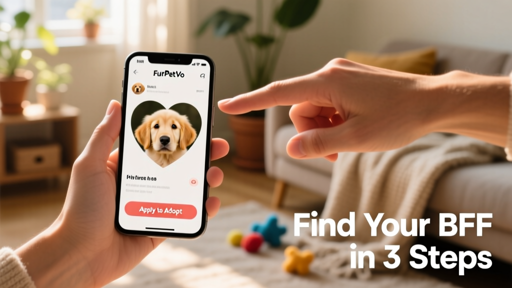 Two hands—one holding a smartphone showing a FurPetVo pet profile, the other clicking 'Apply to Adopt'