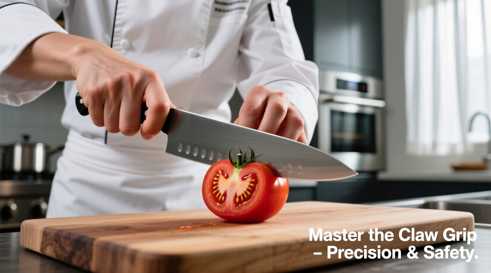 Chef demonstrating proper claw grip technique for tomato chopping