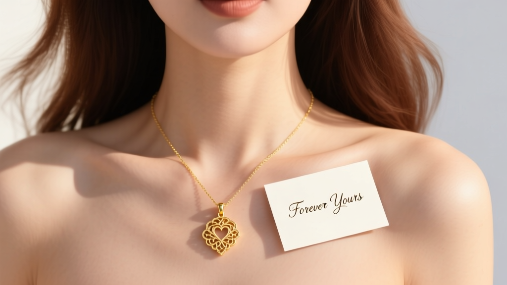 Elegant woman wearing a delicate 14k gold pendant necklace with a romantic message card resting softly on her bare collarbone.