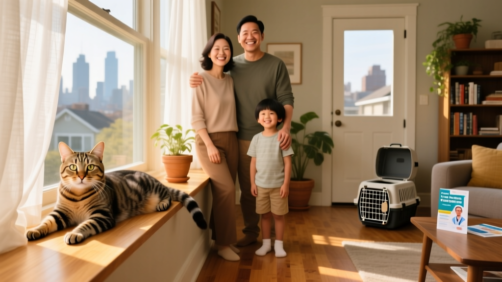 Happy family smiling beside a relaxed, healthy-looking cat sitting on a sunlit windowsill
