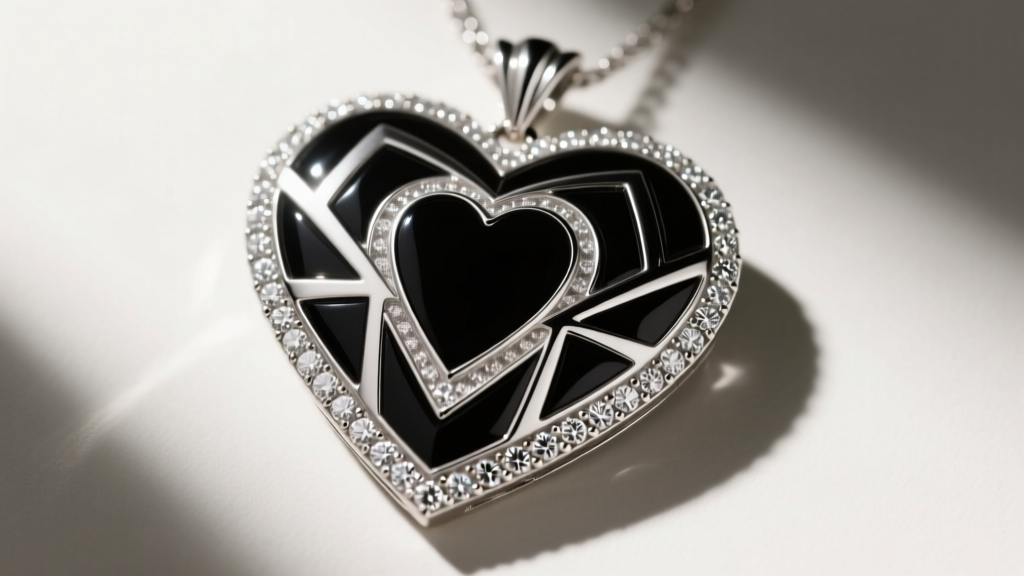 Macro shot of an Art Deco platinum vintage heart necklace with geometric onyx inlay and single-cut diamonds, top-down angle.