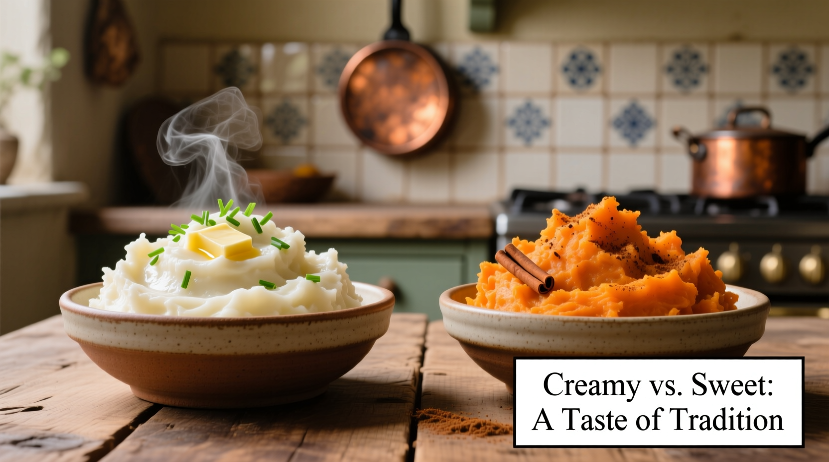 Side-by-side comparison of creamy mashed potatoes and vibrant orange sweet potato mash