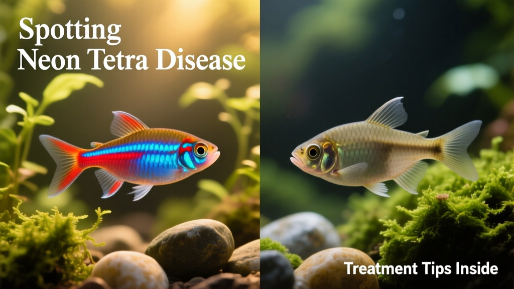 Side-by-side comparison showing a healthy neon tetra versus one displaying faded coloration and abnormal posture