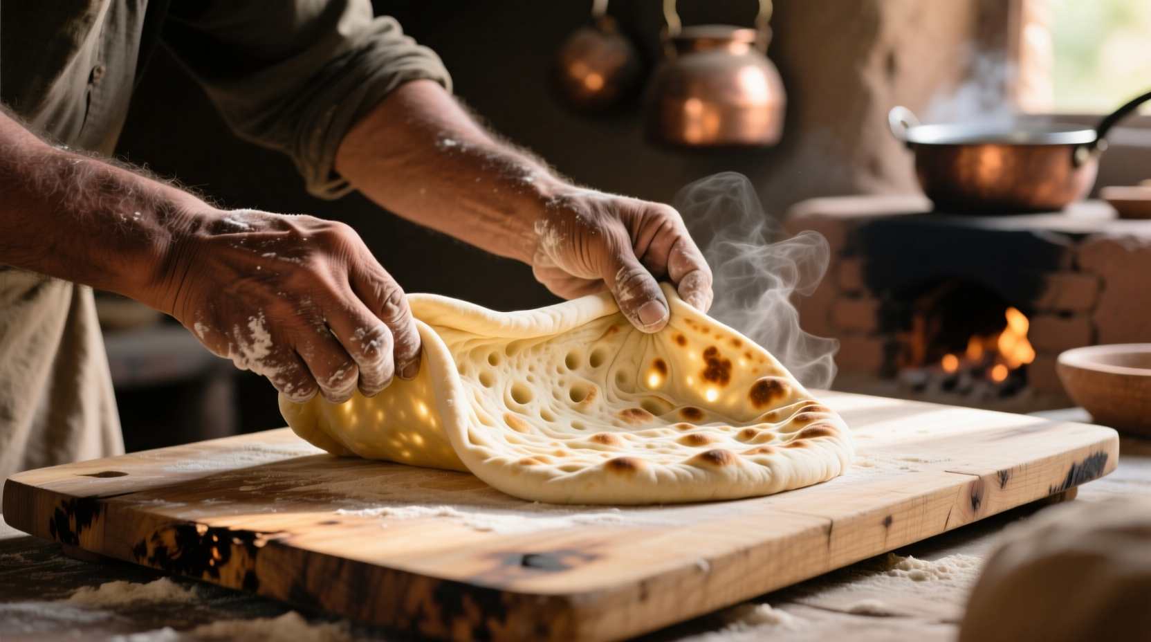 Hand stretching naan dough on wooden board