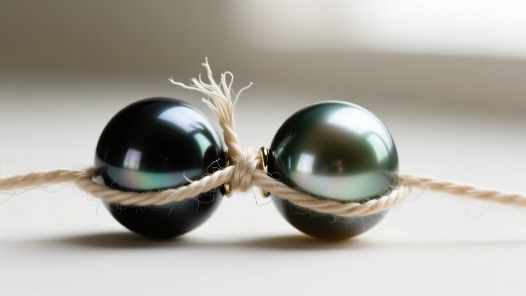 Macro shot of frayed beige silk thread between two Tahitian pearls, showing the need for professional jewelry restringing.