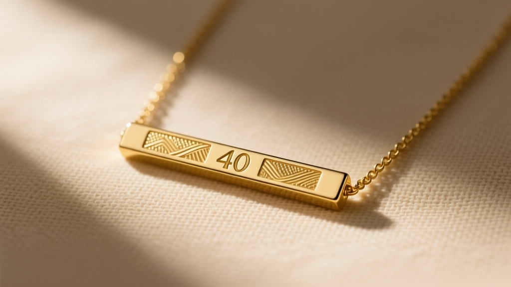 14k gold barse necklace with a 40mm horizontal bar pendant resting on textured beige linen fabric in soft natural morning light