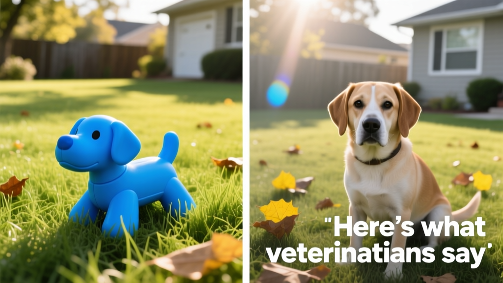 Side-by-side comparison showing human vs. dog color perception of a blue toy on grass
