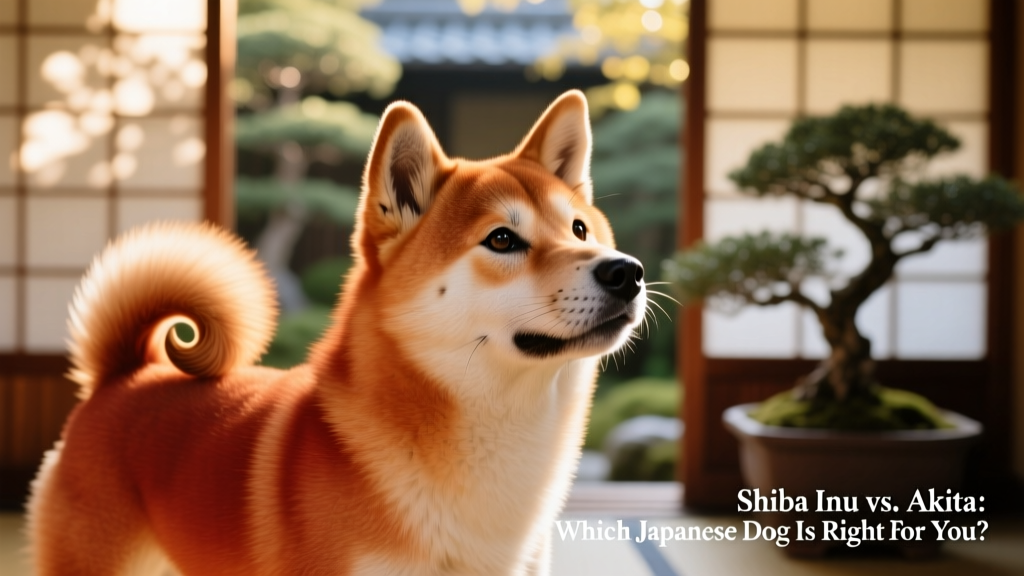 Close-up of a Shiba Inu's expressive face and curled tail