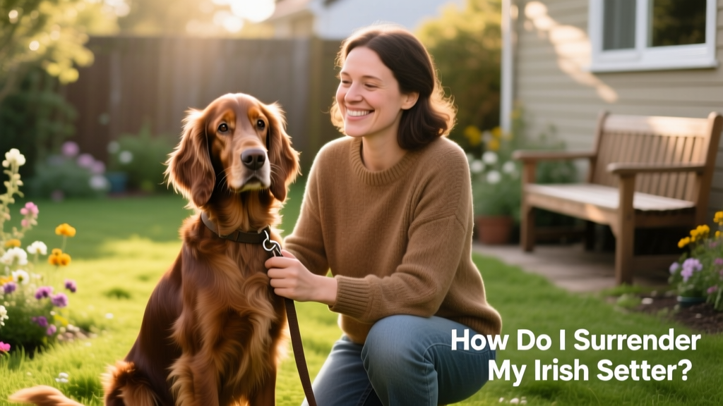 A gentle hand holding an Irish Setter's leash while sitting beside a calm, smiling foster caregiver