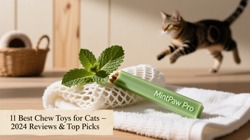 A green mint-scented chew stick resting on a white towel, with visible textured netting and crinkly leaves