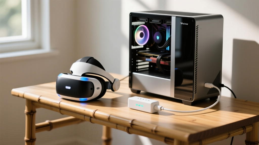 High-end Valve Index VR headset and gaming PC connected to a sleek white smart surge protector on a minimalist bamboo desk