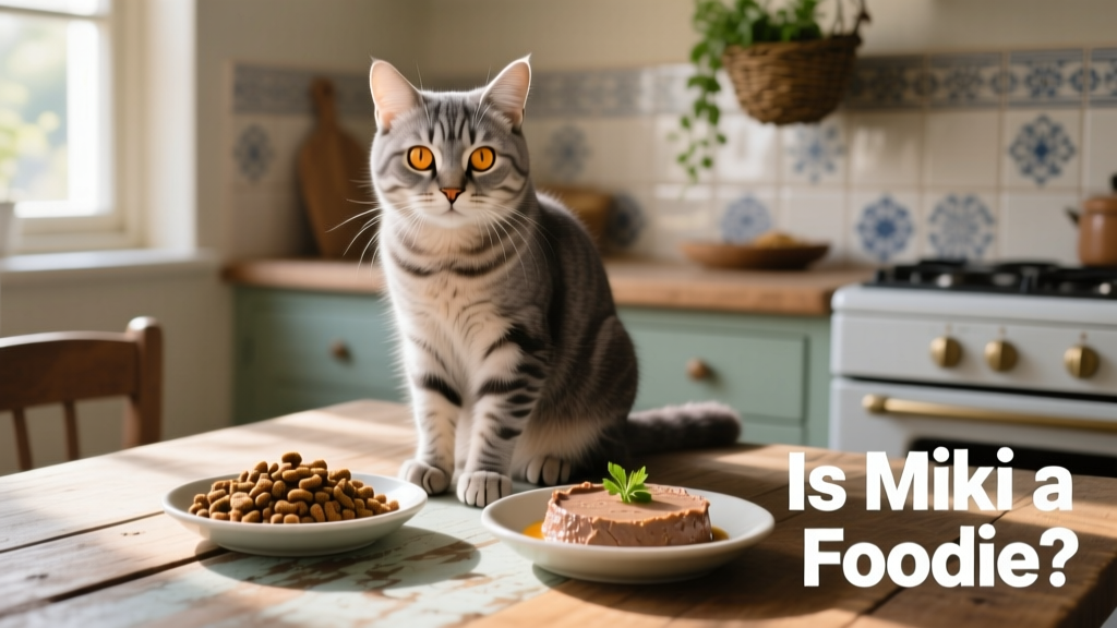 Miki sitting beside two food bowls—one with kibble, one with pâté—looking expectantly at the camera