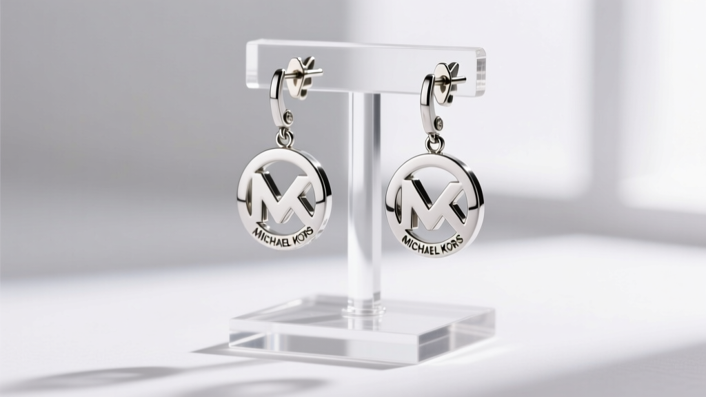Silver-tone Michael Kors drop earrings on an acrylic stand, highlighting the standard metal post and secure butterfly back closure