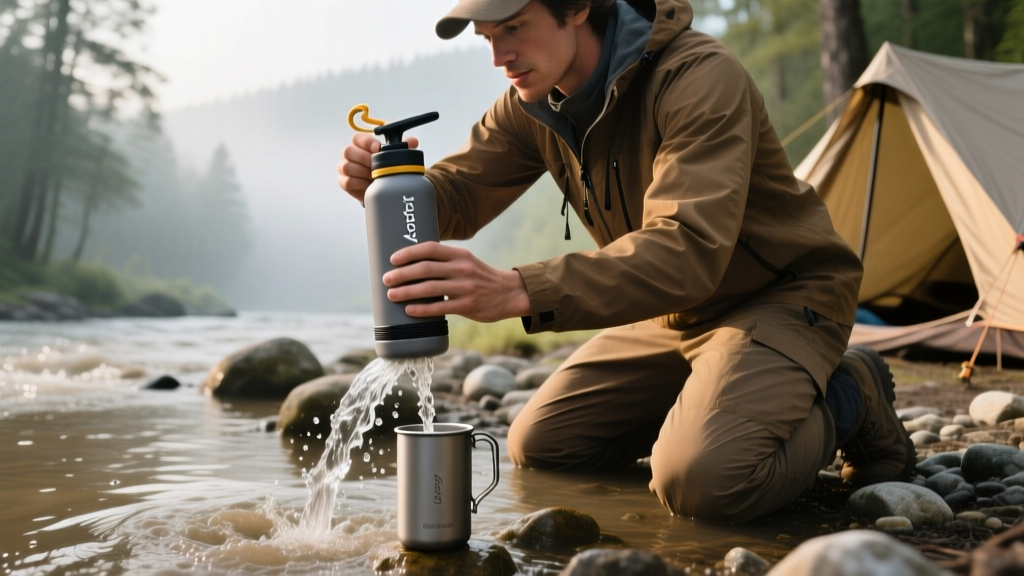 Camper pressing down on a Grayl GeoPress water purifier bottle, filtering murky river water into a clean drinking vessel at camp.