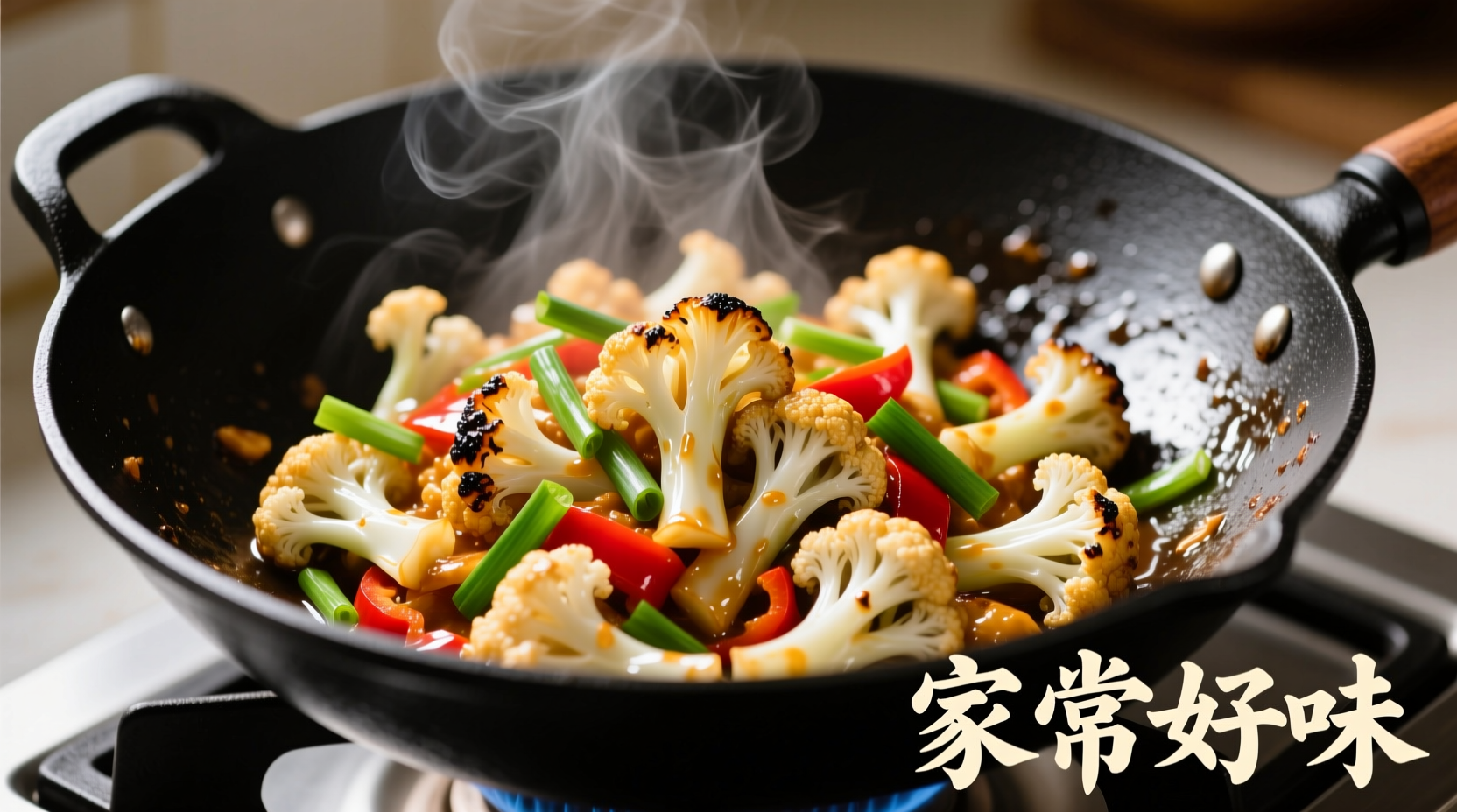 Crisp Chinese cauliflower stir-fry in wok