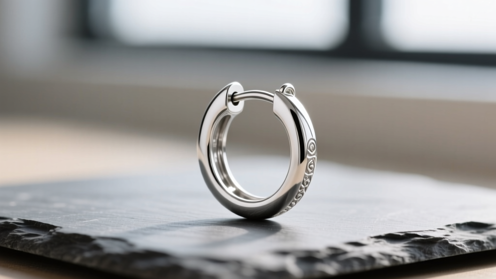 Close up of 16g silver oval hoop earring on slate, showing a seamless clicker clasp mechanism and bright mirror polish finish