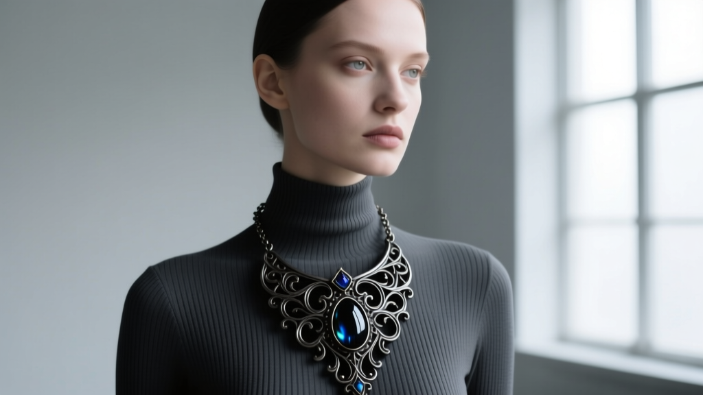 Model wearing a heavy fantasy effigy pendant over a charcoal ribbed turtleneck, highlighting the dark metal visual contrast.