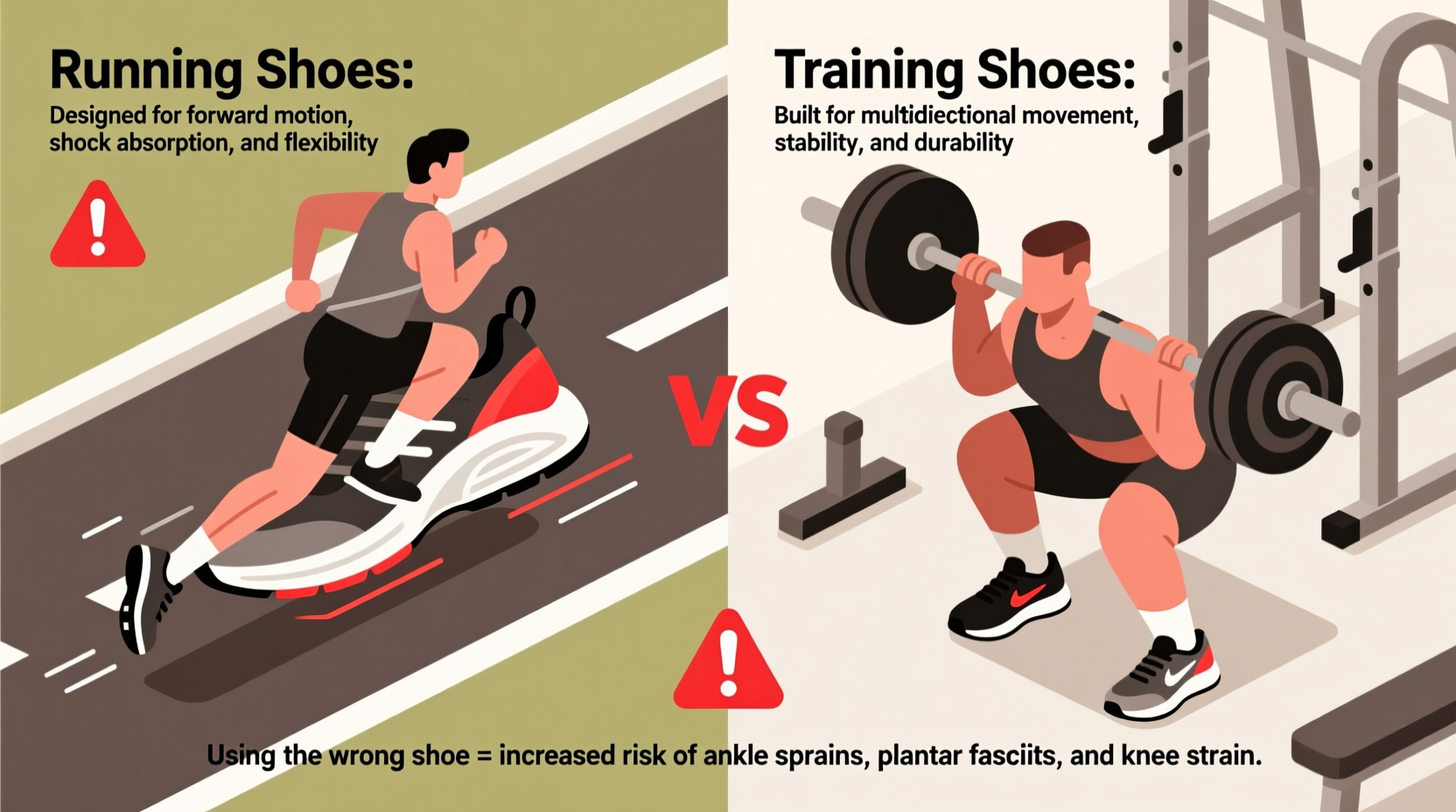 running shoes vs training shoes why using the wrong one causes injury