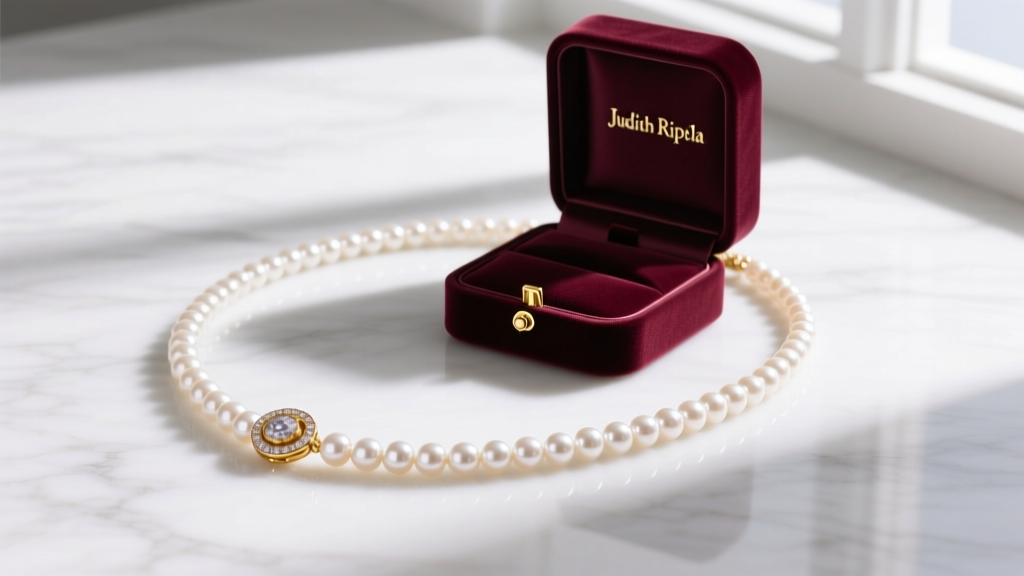 Flat lay of a Judith Ripka freshwater pearl necklace with a gold clasp on white marble, resting beside an open velvet jewelry box.