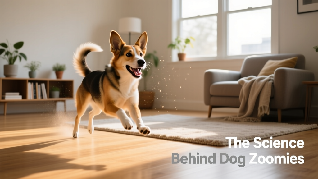 A dog safely zooming in a cleared living room with soft rugs and no obstacles