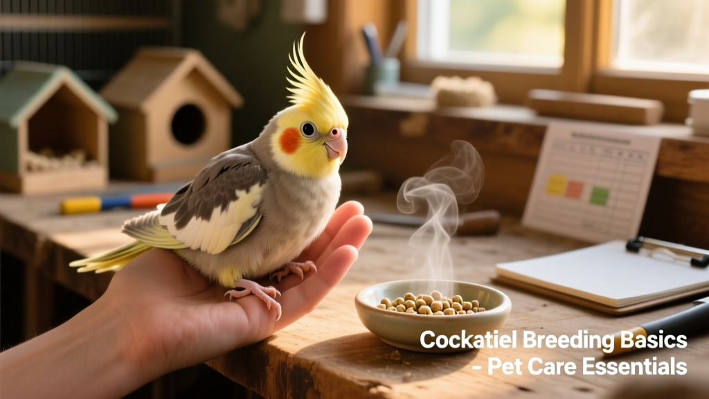 A fluffy, downy cockatiel chick being gently held in a breeder's hand, with a small dish of softened pellets nearby