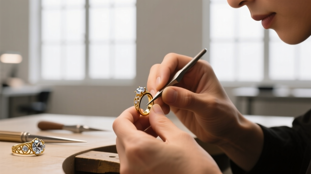 A jeweler's loupe inspecting a tiny 925 hallmark stamped on a silver heart pendant, set against a softly blurred wooden workbench.