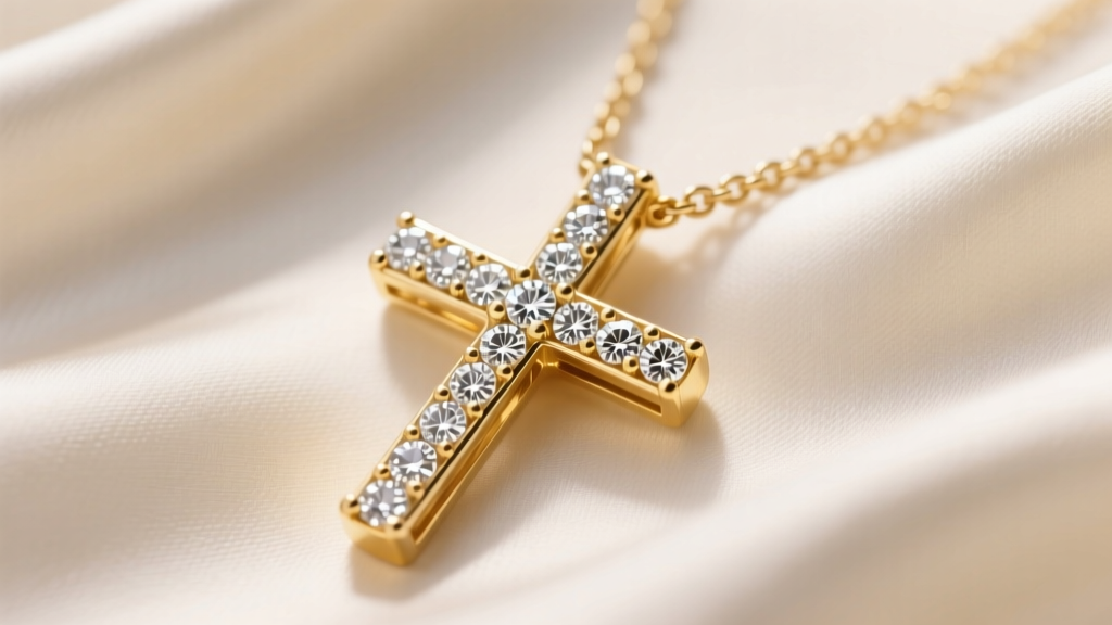 Close-up of a 14k yellow gold sideways cross necklace with pave-set round brilliant diamonds resting on soft ivory silk fabric.