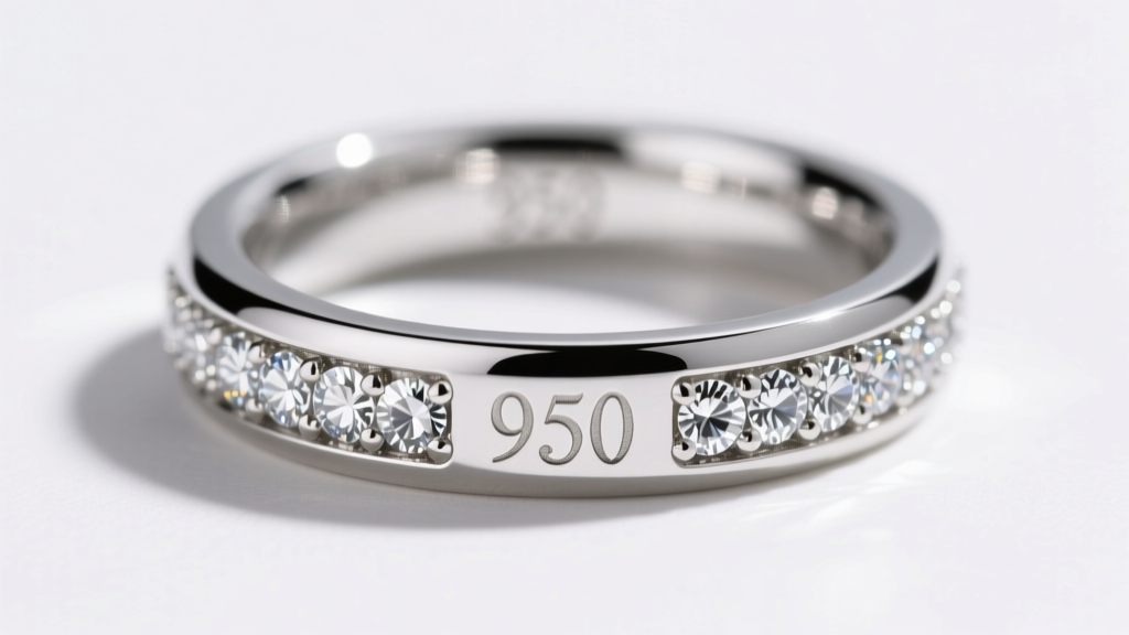 Macro photography of a 950 platinum ring shank showing the laser-engraved hallmark and a perfectly polished pave diamond band