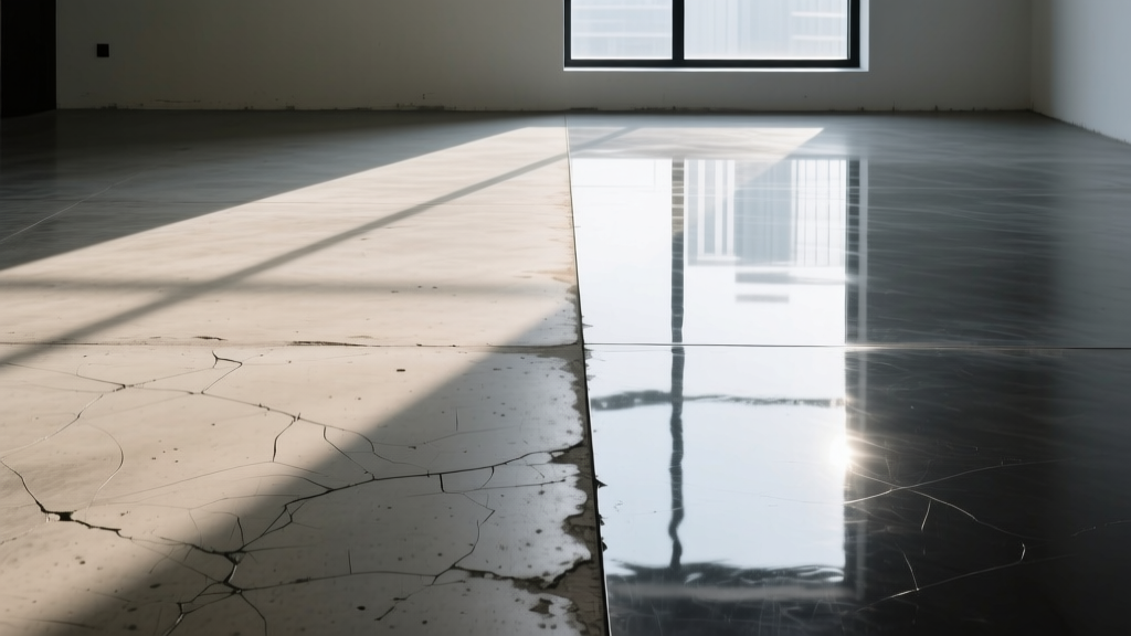 Close-up of polished concrete floor contrasting a dull, scratched surface with a highly reflective, mirror-like burnished finish.