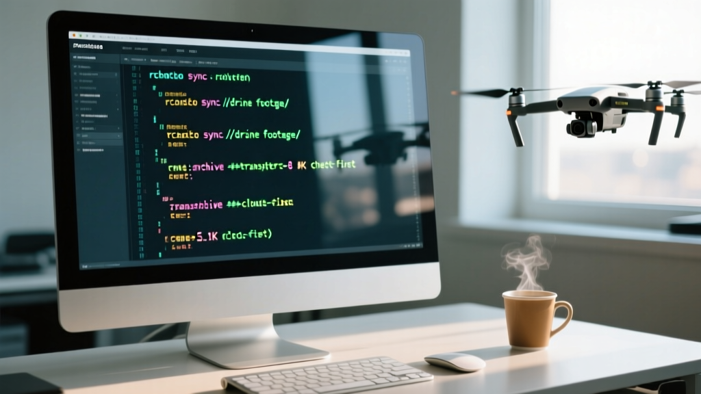 Terminal window displaying rclone command line scripts automating the transfer of 5.1K drone footage to a remote server.