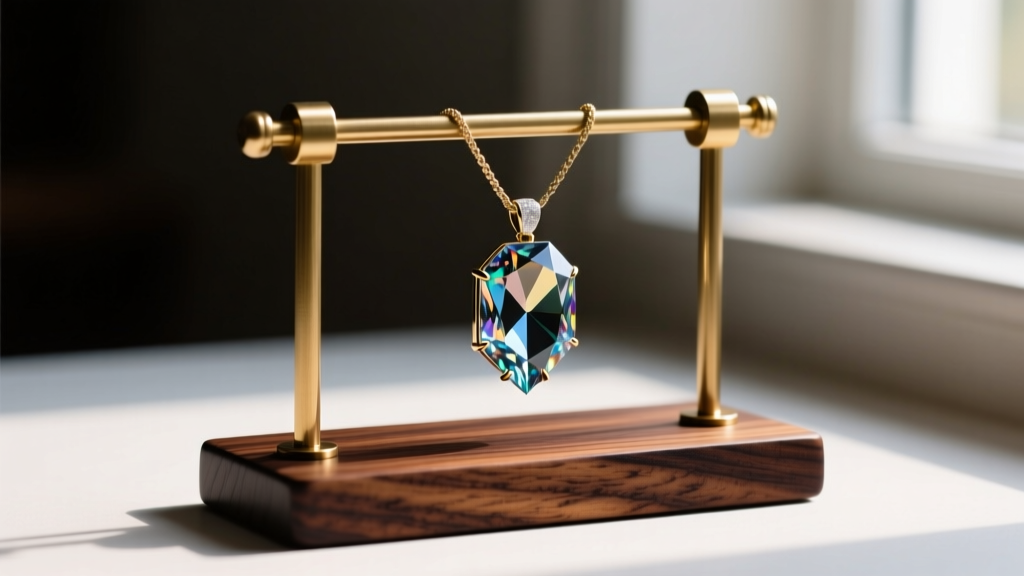 Close-up of kiln-dried black walnut necklace display stand with brass hardware holding a heavy gemstone statement pendant securely