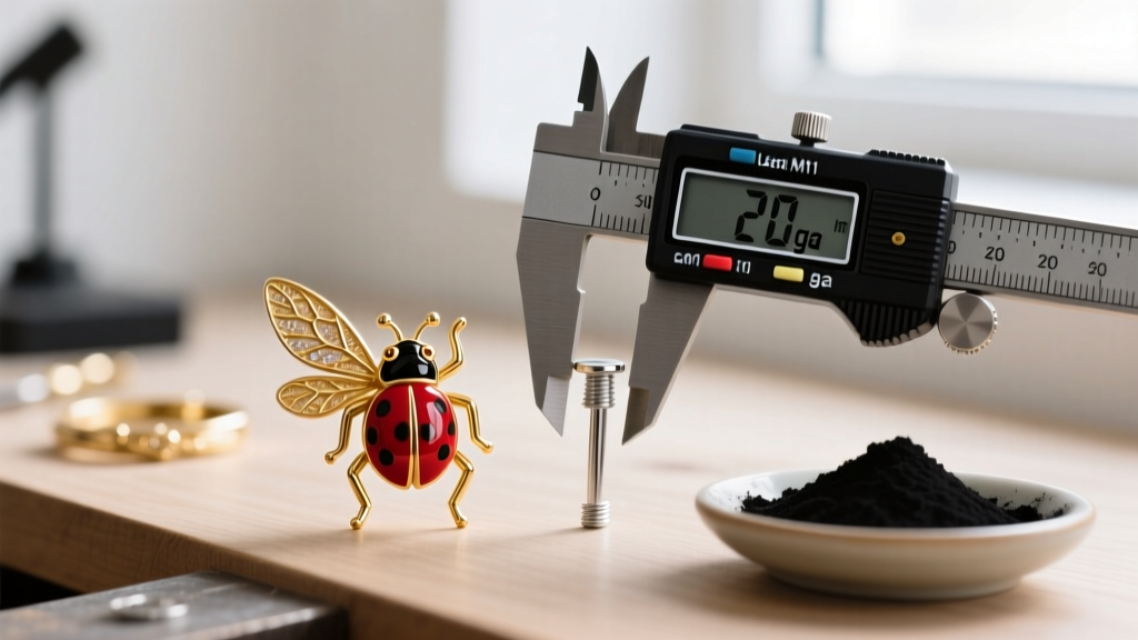 Jeweler workbench with custom 14k gold ladybug earring parts, digital caliper measuring a 20-gauge post, and black enamel powder.